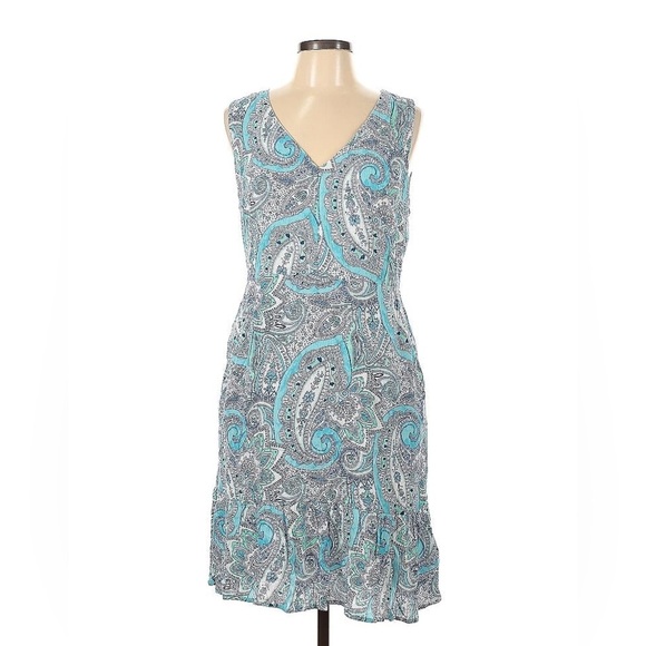 Cynthia Rowley Sleeveless Dress Size 10 Blue Paisley V-Neck Ruffle Hem Pockets - Picture 1 of 10